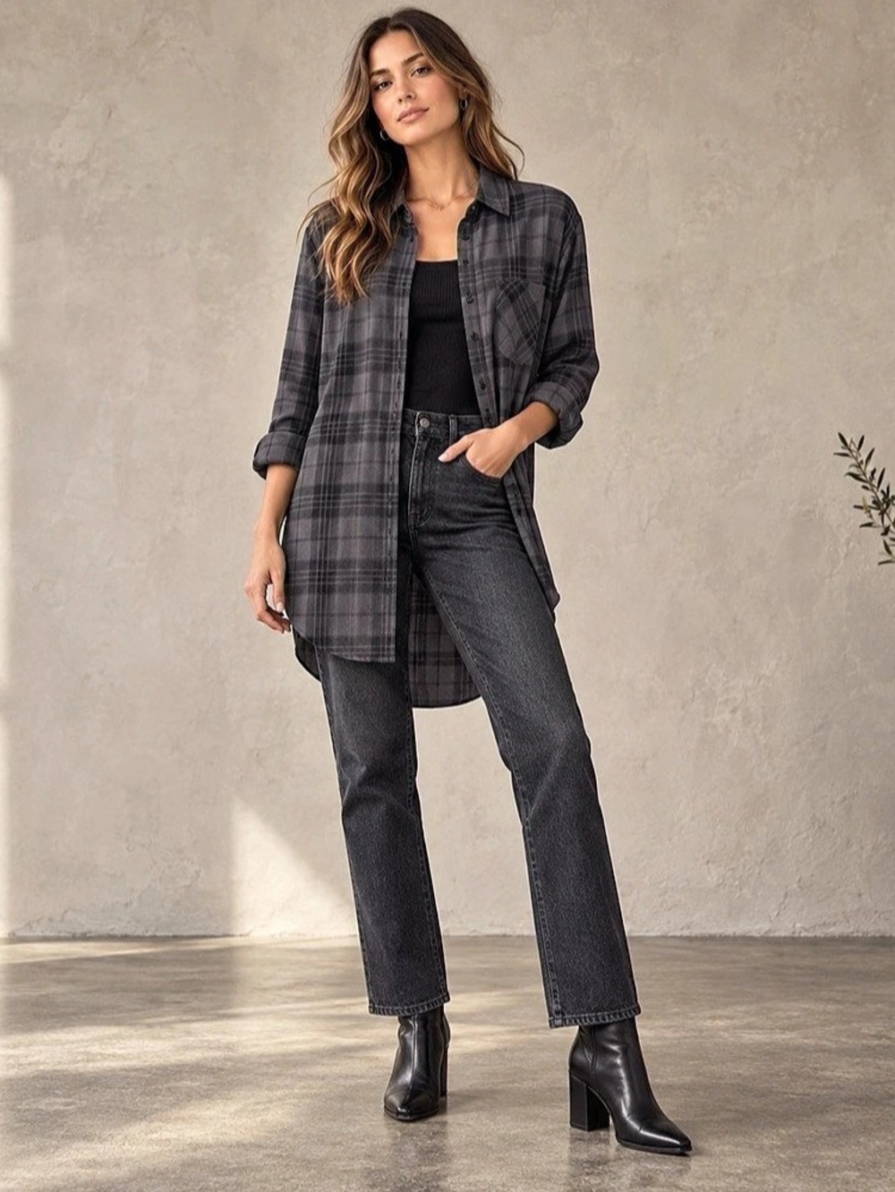 Rails Charcoal Black Plaid Longline Button Down Tunic Shirt M